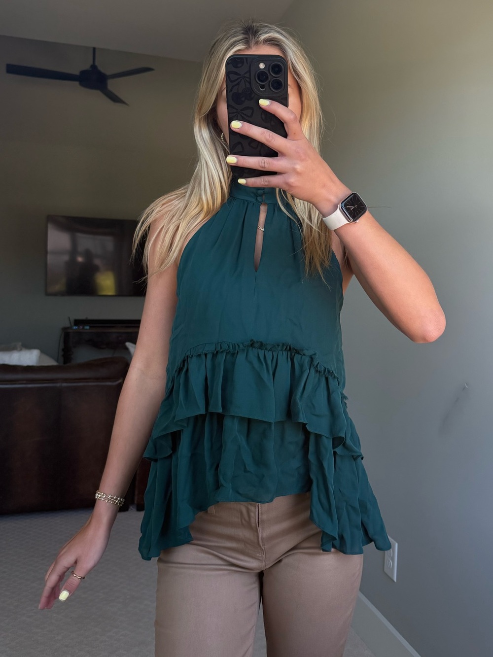 cinq a sept Teal Green Ruffled Halter Camisole